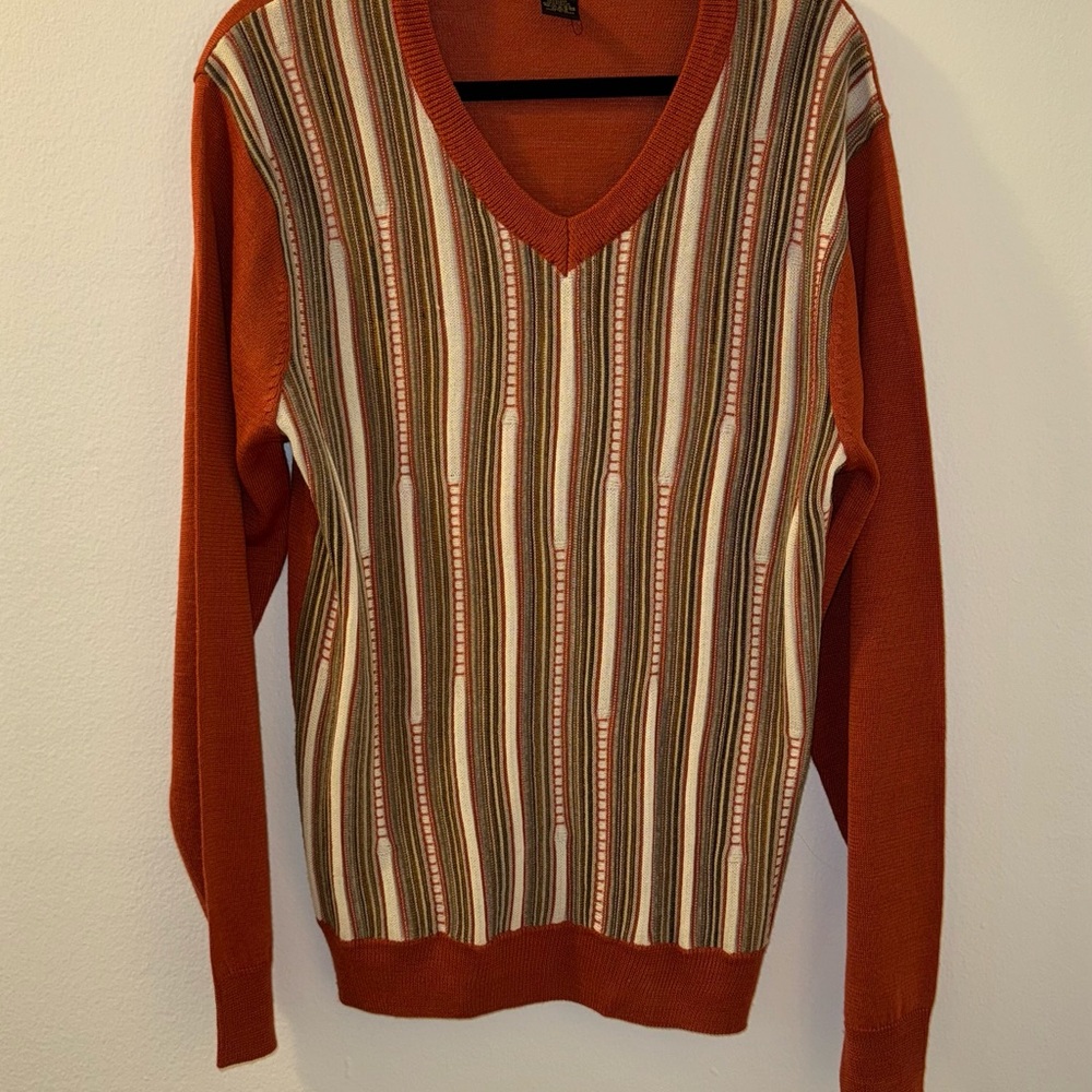 Bold Orange and Brown V-Neck Sweater with Earthy Stripes